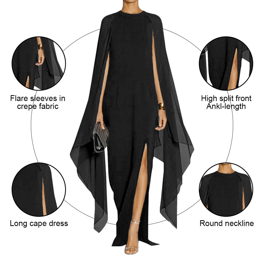MAYFASEY Women's Elegant High Split Flare Sleeve Formal Evening Gowns Maxi Dress with Cape