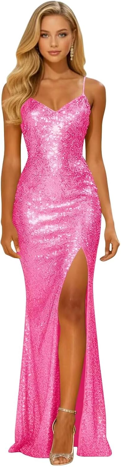 Long Sparkly Sequin V Neck Prom Dresses with Slit Mermaid Formal Evening Party Gown 2026