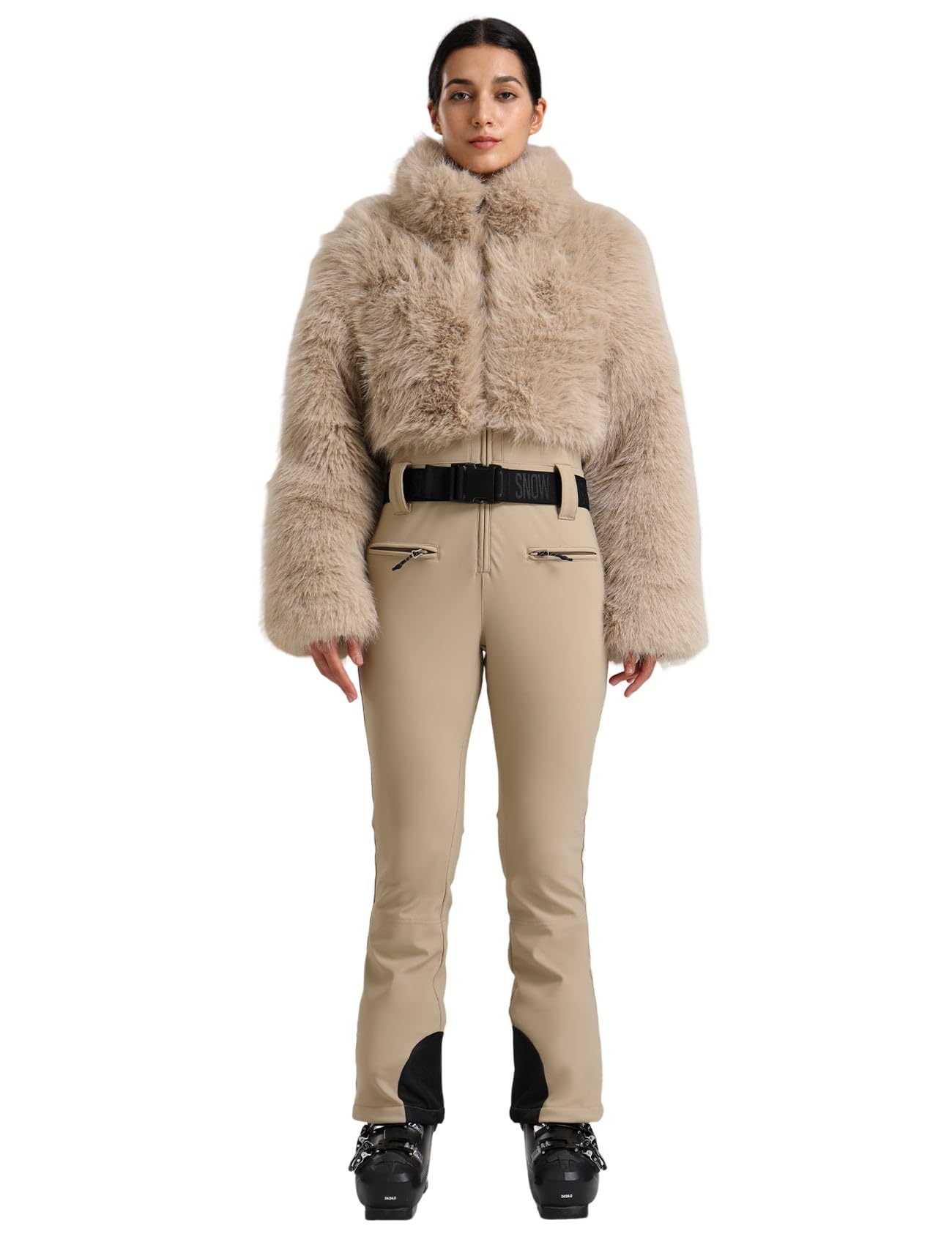GSOU SNOW Women Ski Suit One Piece Snowsuit Snowboard Faux Fur Collar Slim Jumpsuit Jacket Insulated Windproof Outdoor Winter