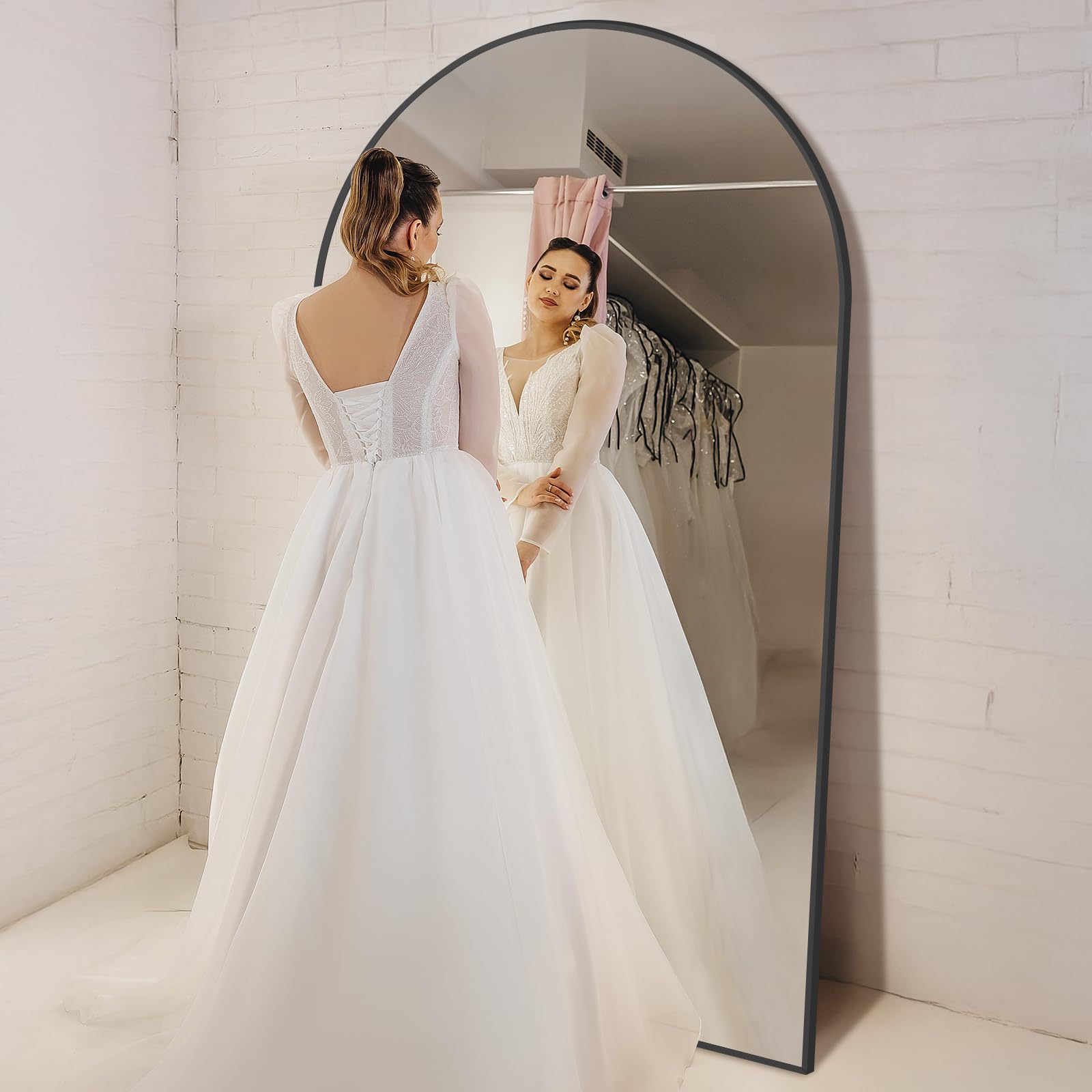 Oversized Floor Mirror Full Length with Stand, 72"X44" Extra Large Arch Standing Mirror Full Length, Tempered Glass Black Full Body Mirror for Bedroom Living Room, Aluminum Alloy Frame