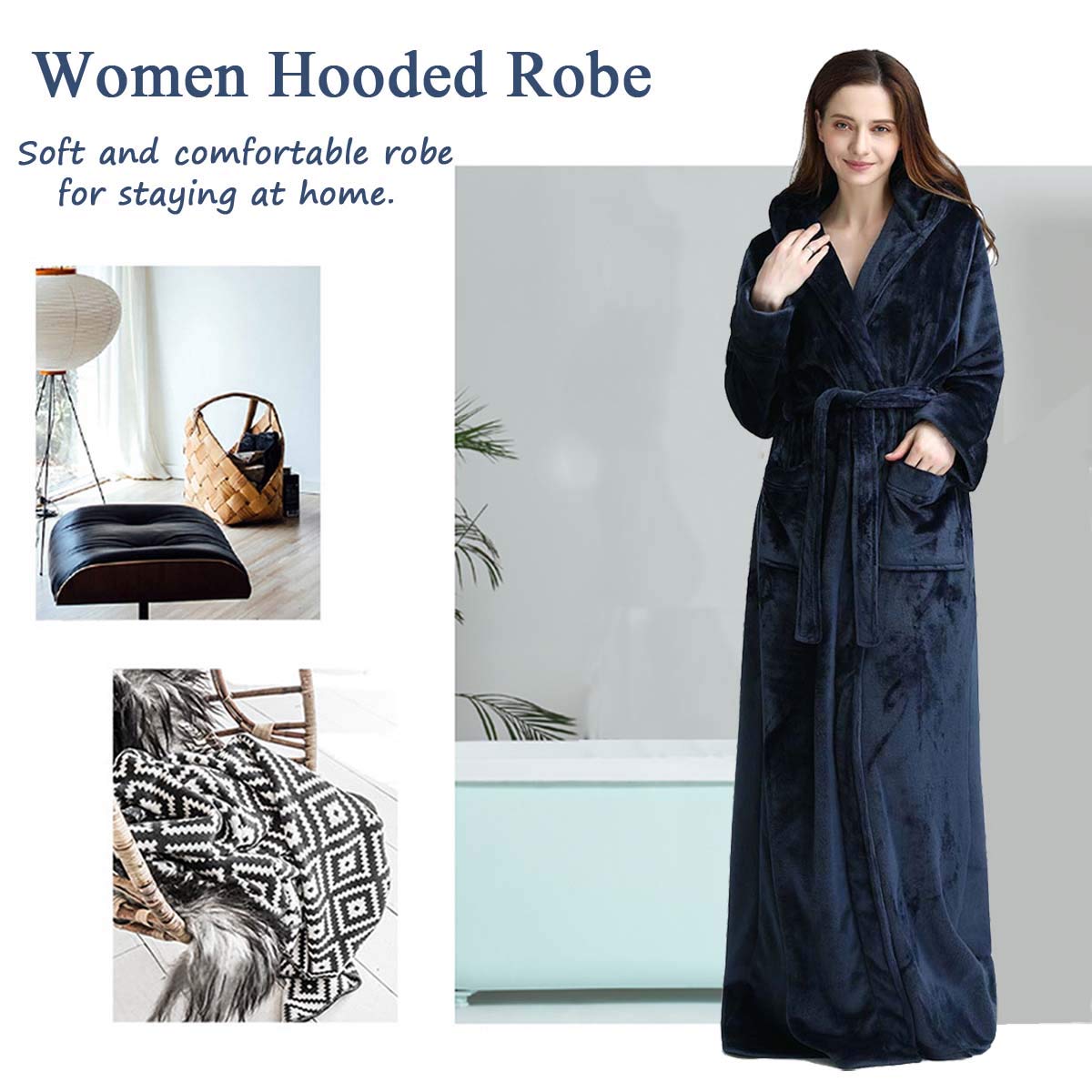 Hellomamma Long Hooded Robe for Women Luxurious Flannel Fleece Full Length Bathrobe Winter Warm Pajamas Shower Nightgown