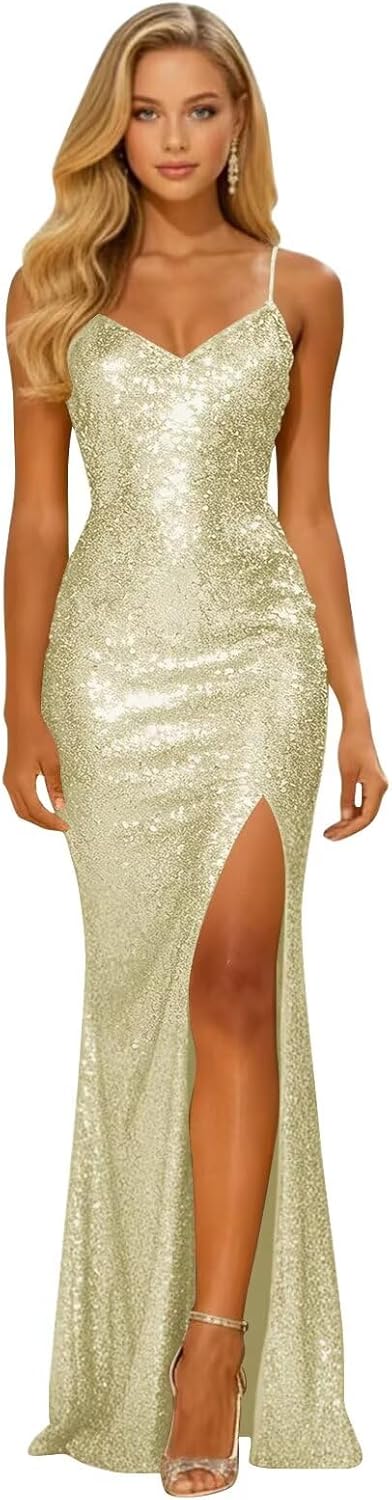 Long Sparkly Sequin V Neck Prom Dresses with Slit Mermaid Formal Evening Party Gown 2026