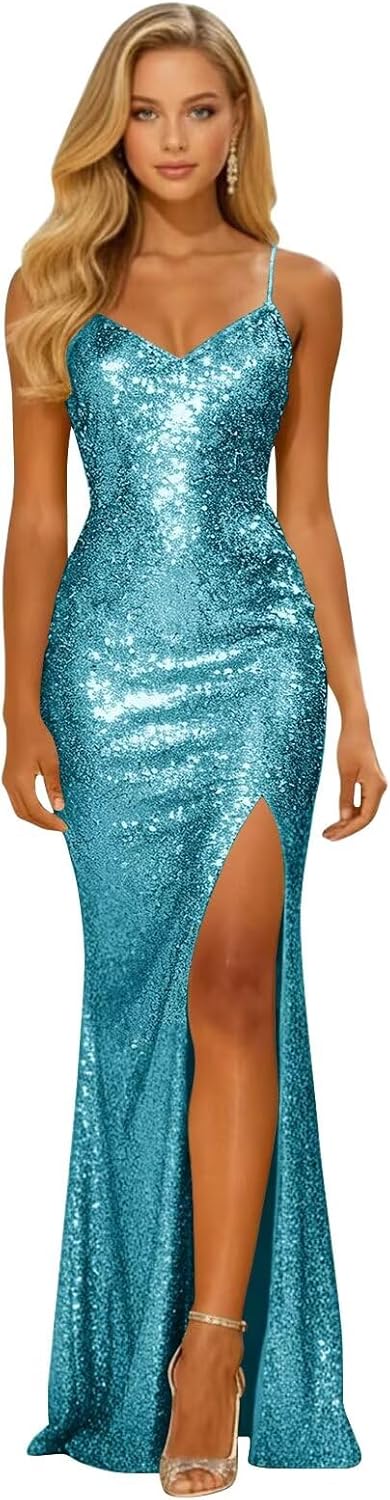 Long Sparkly Sequin V Neck Prom Dresses with Slit Mermaid Formal Evening Party Gown 2026