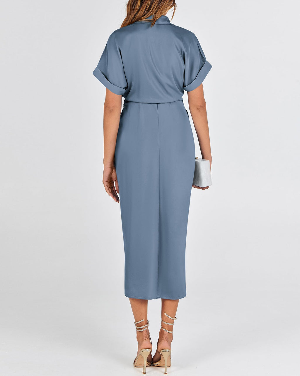 BTFBM Women Button Down Ruched Shirt Dresses Satin Short Sleeve Lapel V Neck Summer Maxi Dress 2025 Party Wedding Guest