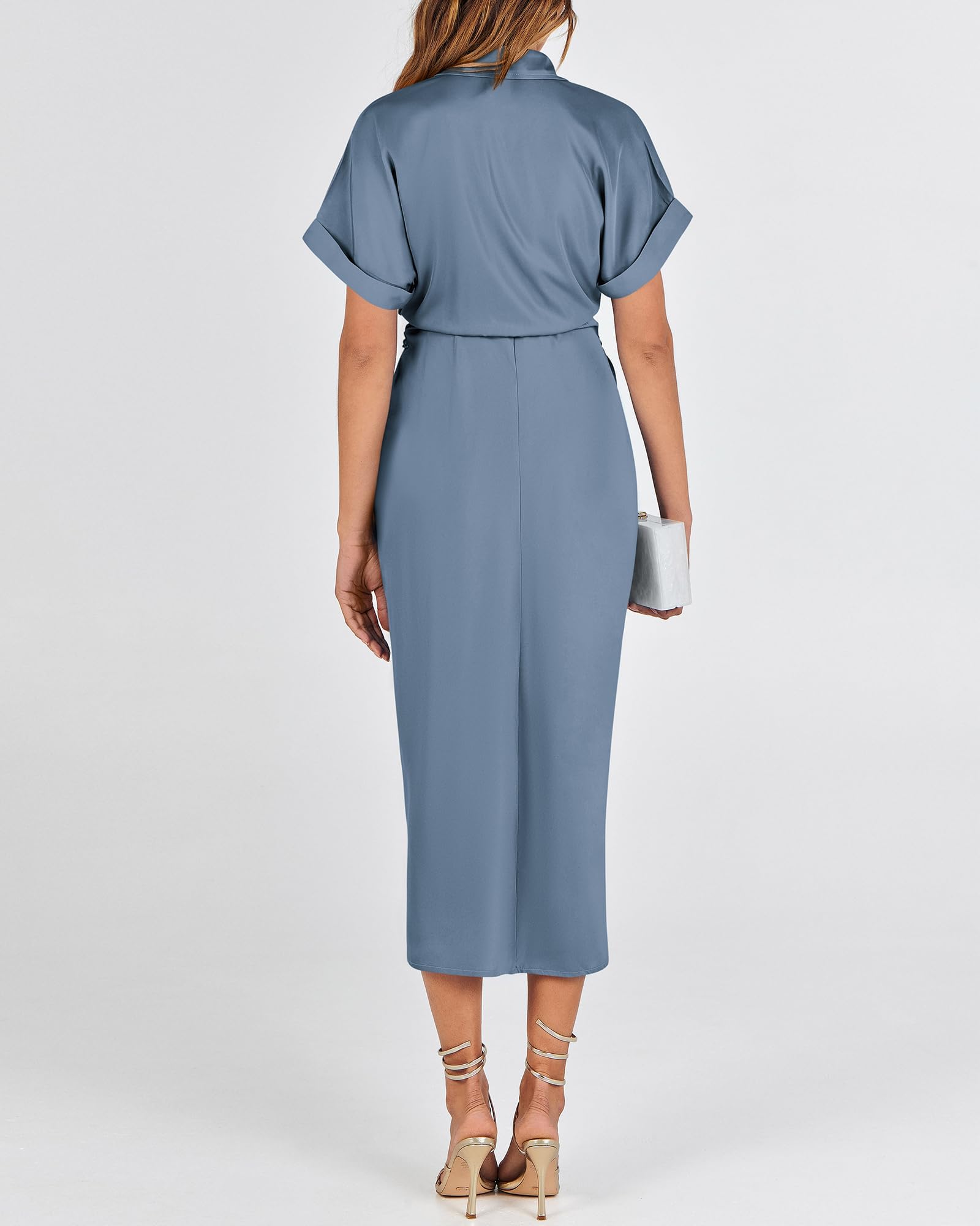 BTFBM Women Button Down Ruched Shirt Dresses Satin Short Sleeve Lapel V Neck Summer Maxi Dress 2025 Party Wedding Guest