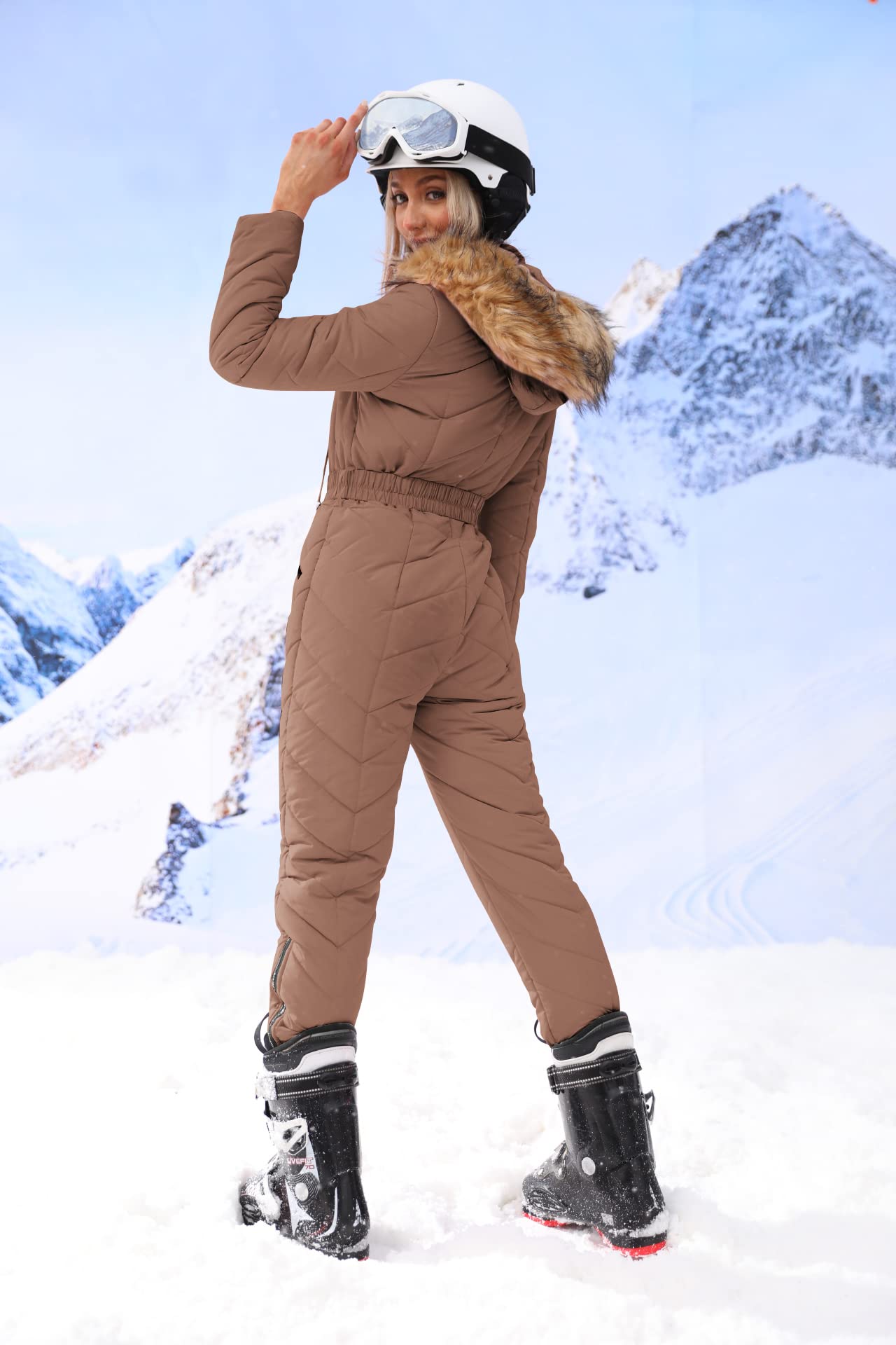 Yousify Womens Winter Ski Suit One Piece Hooded Fur Collar Ski Jumpsuit Snowsuit Outdoor Sports Coat