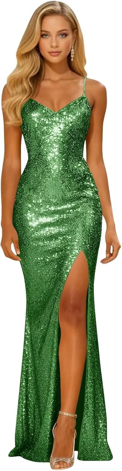 Long Sparkly Sequin V Neck Prom Dresses with Slit Mermaid Formal Evening Party Gown 2026