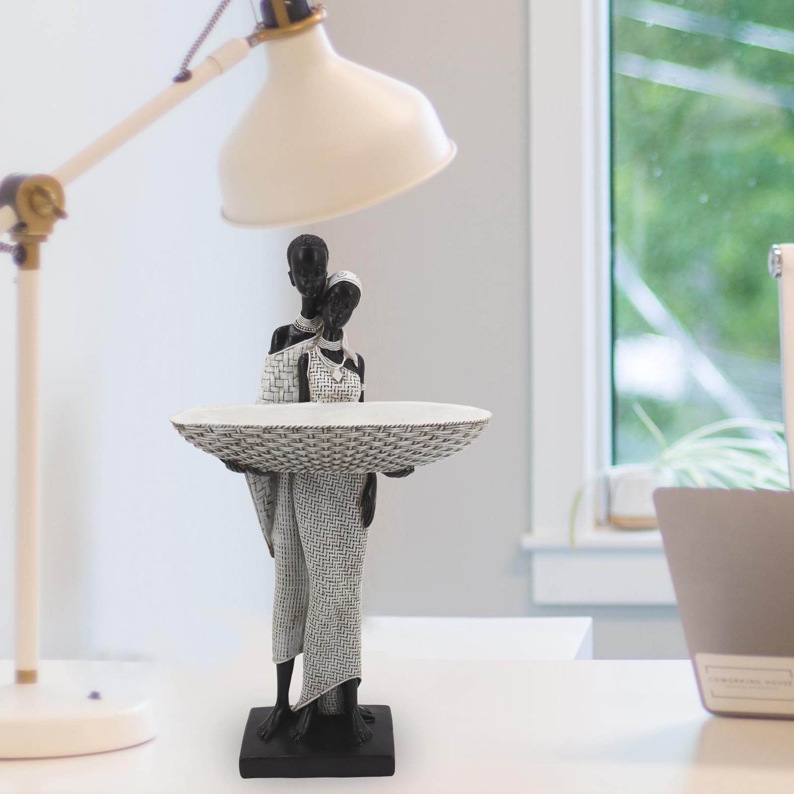 Handmade African Tribal Woman Sculpture - Gold Adorned Seated Figure with Basket, Vintage Resin Statue for Home Decor, Unique Housewarming Gift for Shelf/Table (9.65" H)