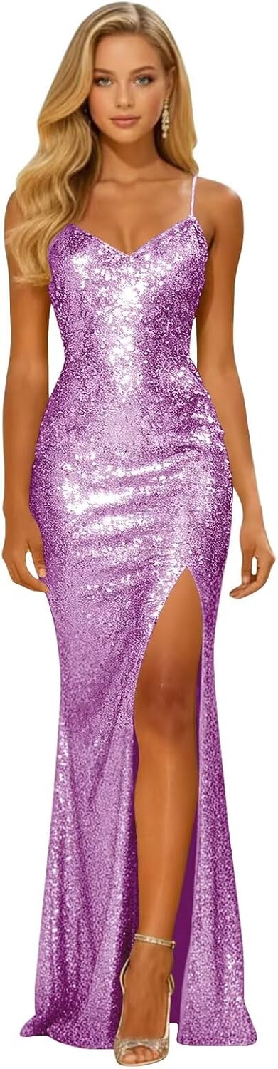 Long Sparkly Sequin V Neck Prom Dresses with Slit Mermaid Formal Evening Party Gown 2026