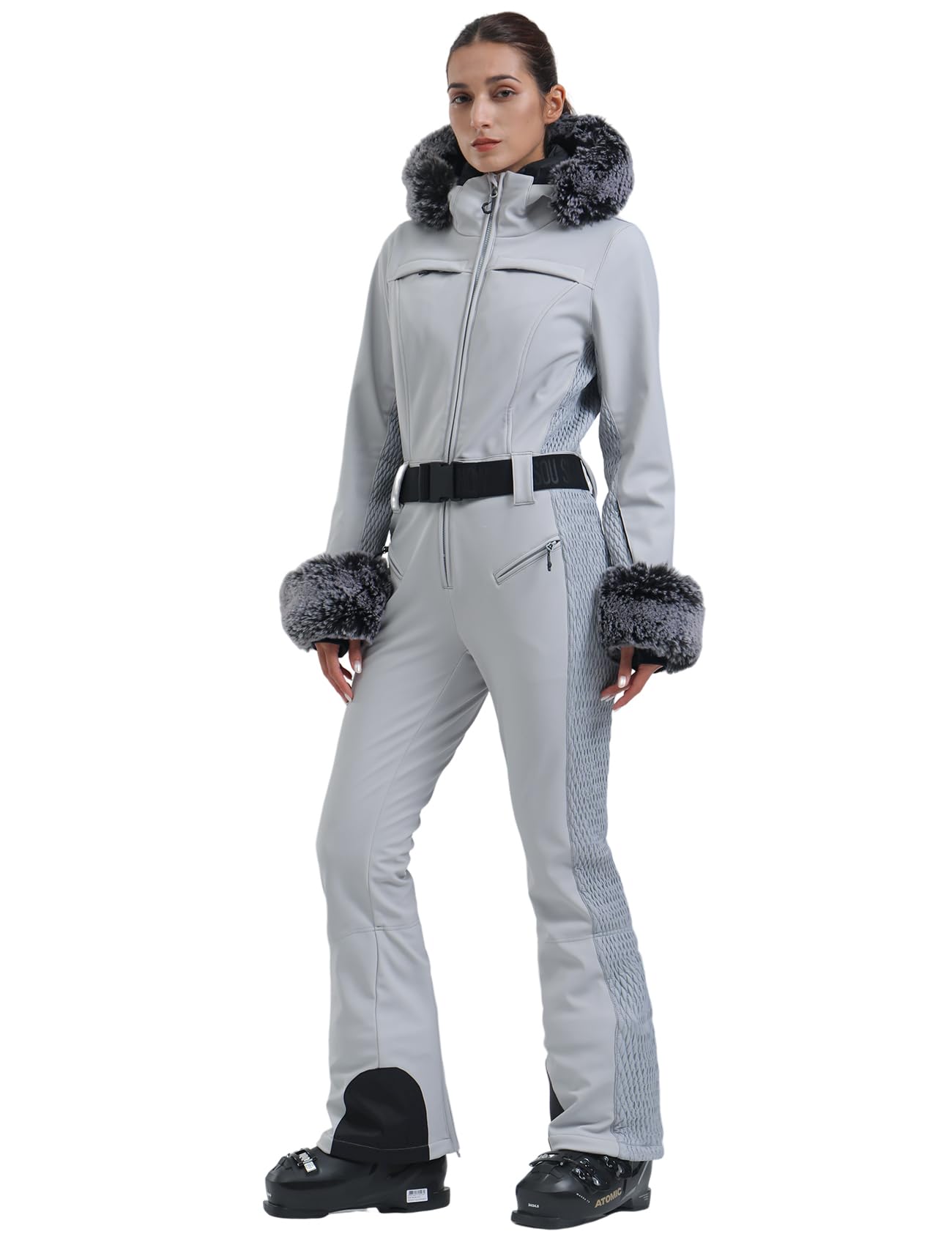GSOU SNOW Ski Suit Womens One Piece Snowsuit Snowboard Jacket Slim Snow Jumpsuit Faux Fur Ski Outfit Waterproof Windproof