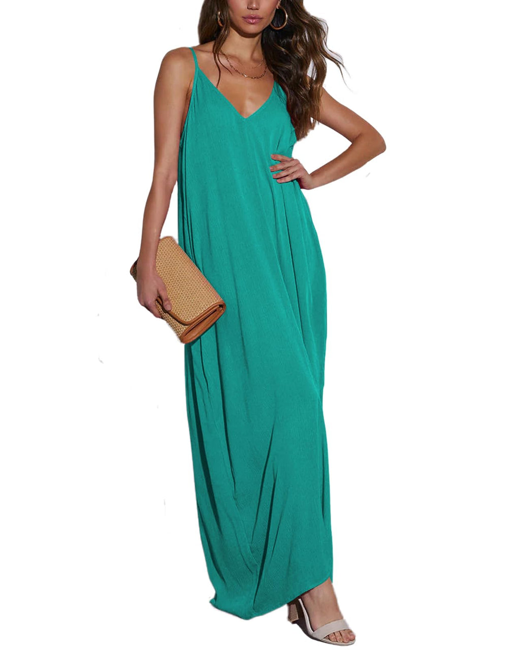 Poetsky Womens Casual Strappy V Neck Sleeveless Flowy Pockets Loose Long Maxi Beach Dress Sundress