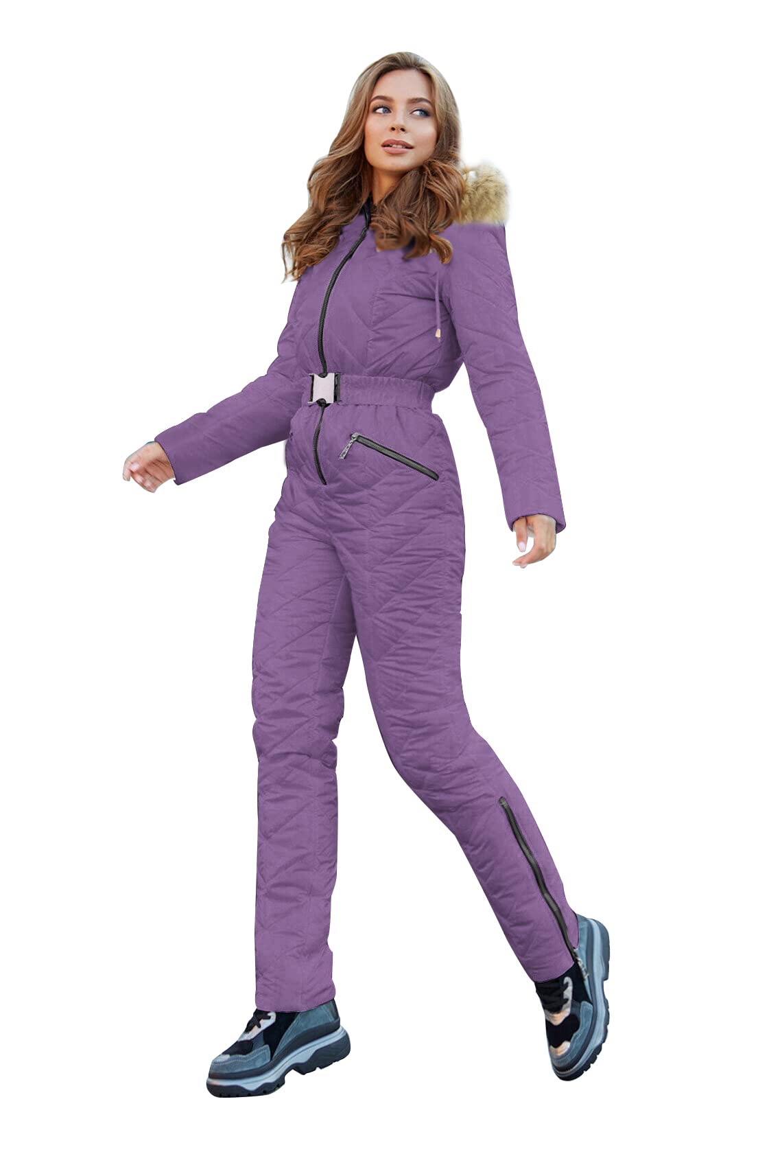 Yousify Womens Winter Ski Suit One Piece Hooded Fur Collar Ski Jumpsuit Snowsuit Outdoor Sports Coat