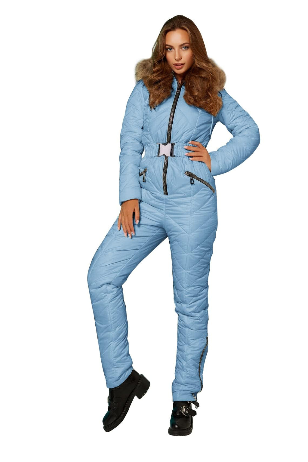 Yousify Womens Winter Ski Suit One Piece Hooded Fur Collar Ski Jumpsuit Snowsuit Outdoor Sports Coat