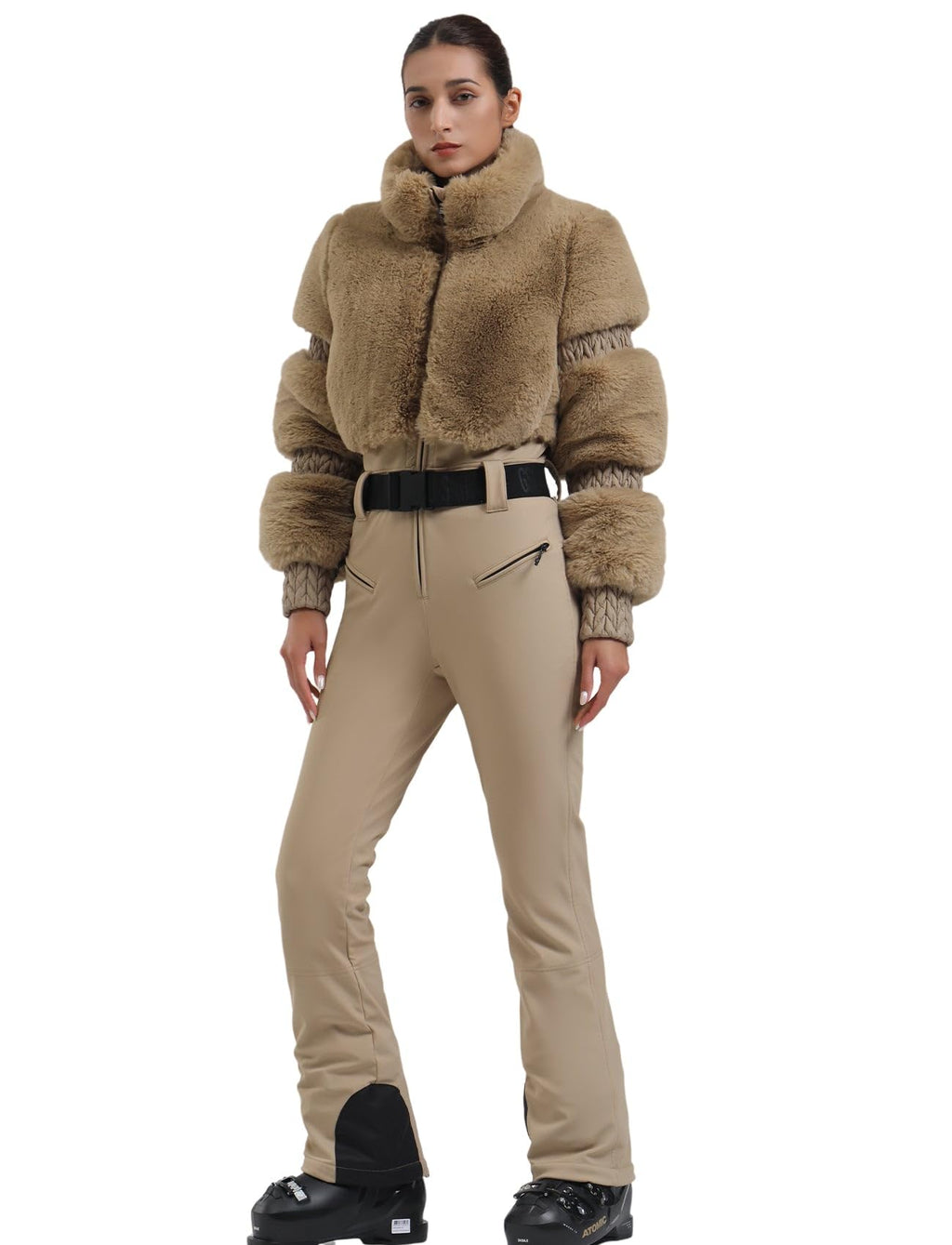 GSOU SNOW Women Ski Suit One Piece Snowsuit Snowboard Faux Fur Collar Slim Jumpsuit Jacket Insulated Windproof Outdoor Winter