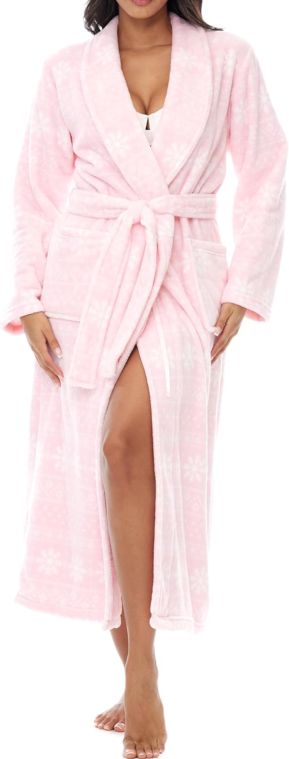 Alexander Del Rossa Plush Striped Robe for Women, Long Fleece Plaid Winter Bath Robe, Plus Size