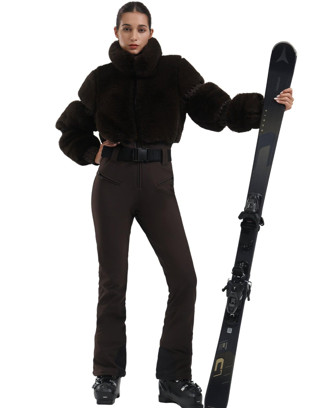 GSOU SNOW Women Ski Suit One Piece Snowsuit Snowboard Faux Fur Collar Slim Jumpsuit Jacket Insulated Windproof Outdoor Winter