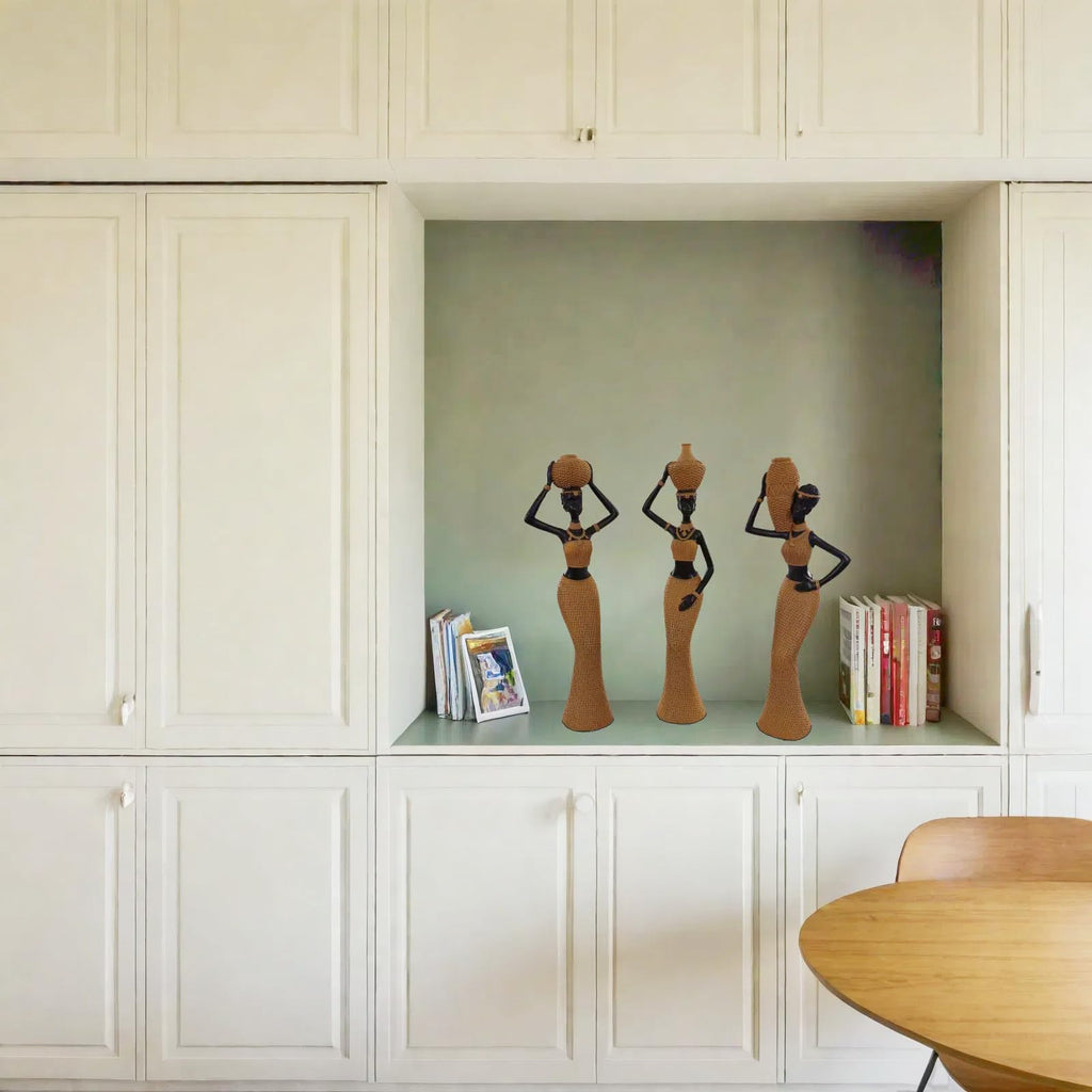 Set of 3 Resin African Woman Statues – Elegant Tribal Figurines in Gold Dresses, Afrocentric Home Decor Sculptures for Living Room, Bookshelf, Gift