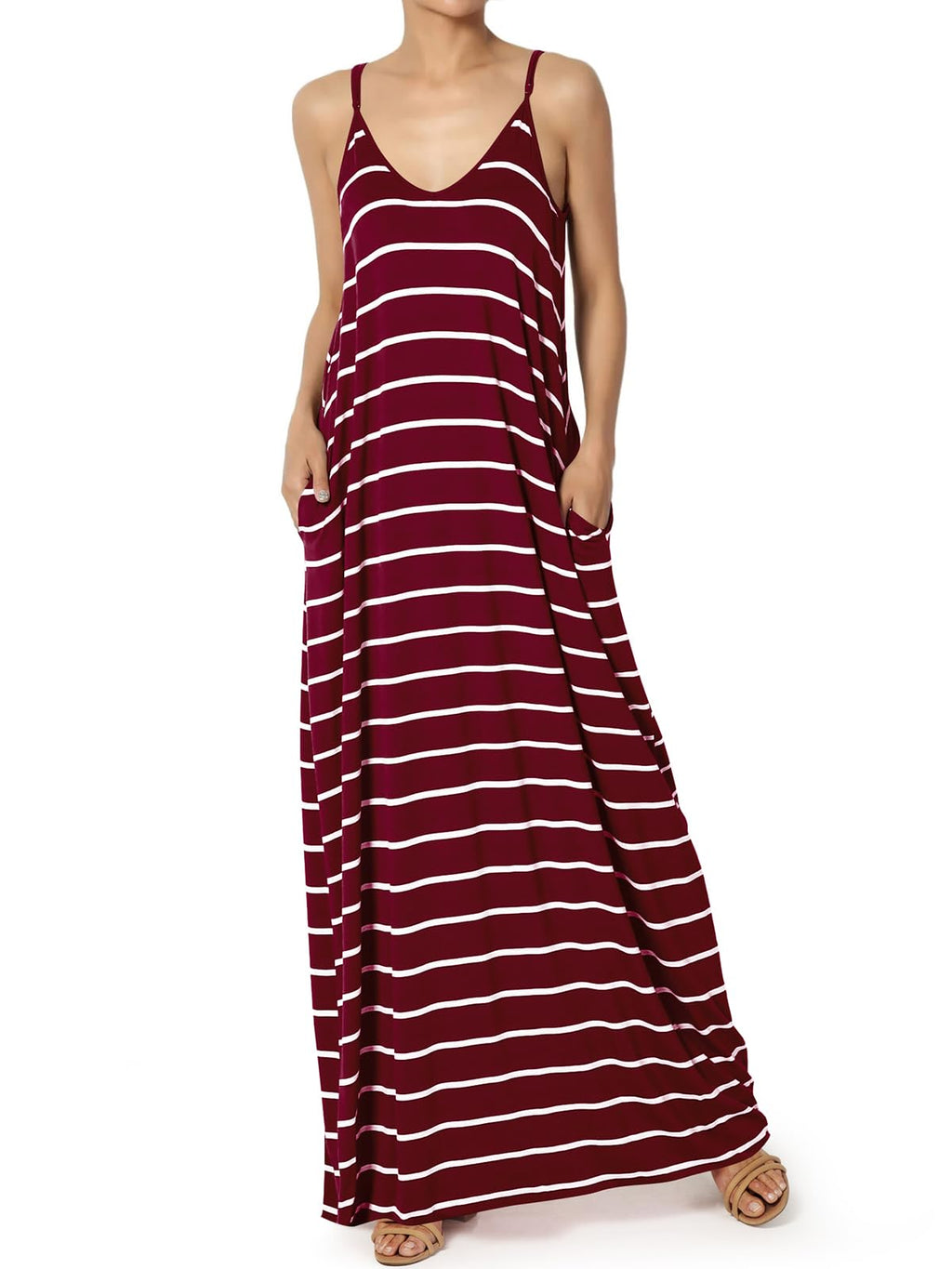 Poetsky Womens Casual Strappy V Neck Sleeveless Flowy Pockets Loose Long Maxi Beach Dress Sundress