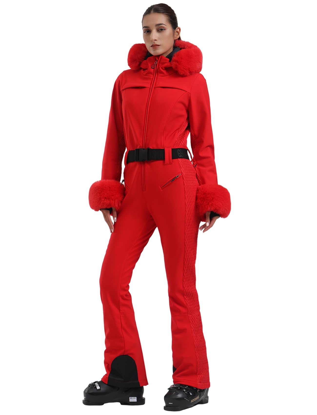 GSOU SNOW Ski Suit Womens One Piece Snowsuit Snowboard Jacket Slim Snow Jumpsuit Faux Fur Ski Outfit Waterproof Windproof