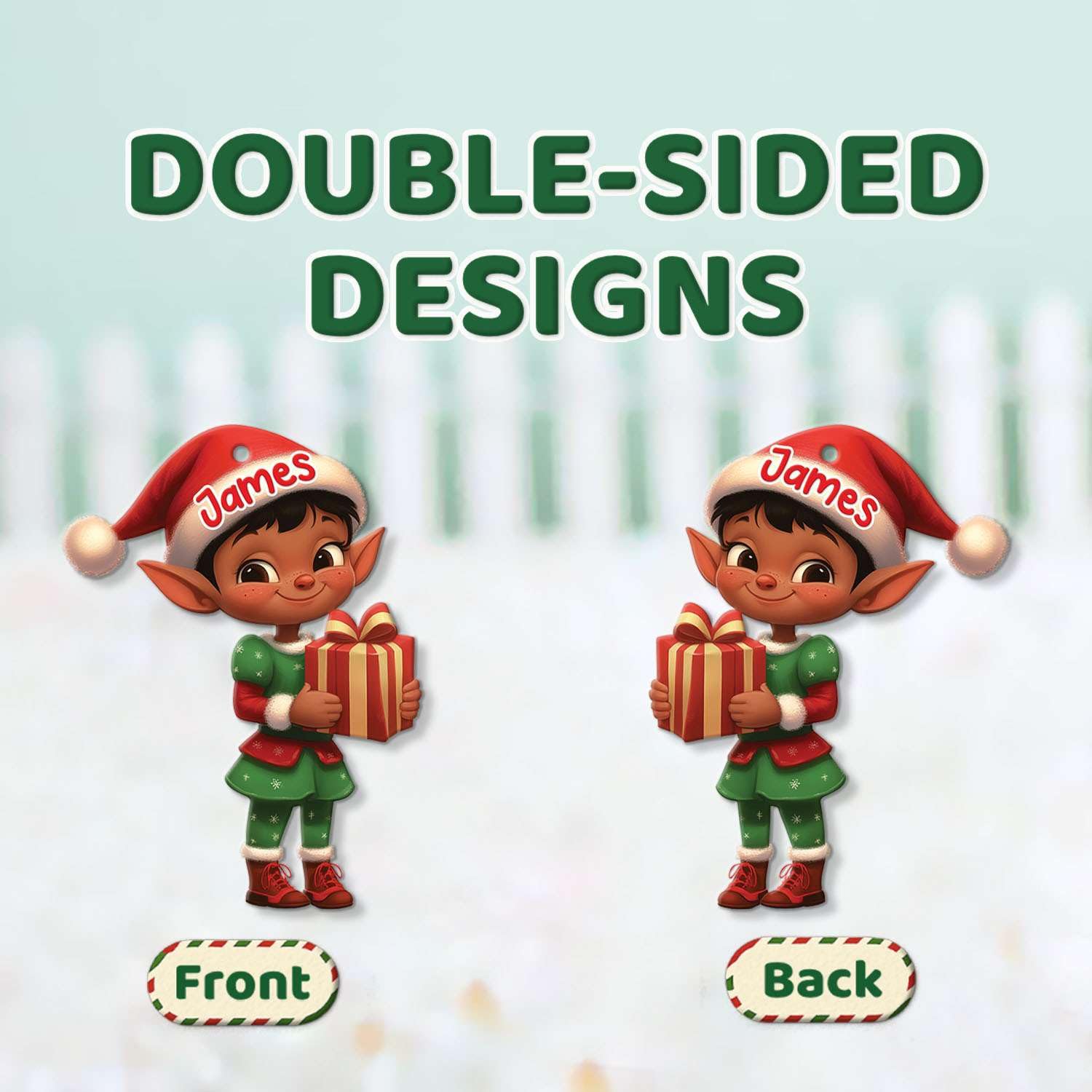 2D Acrylic Christmas Elf Shaped Ornament with Gift Box, Personalized Name Holiday Keepsake, Cute Ornament for Kids Room, Custom Name African-Inspired Decoration, Gifts for Boys