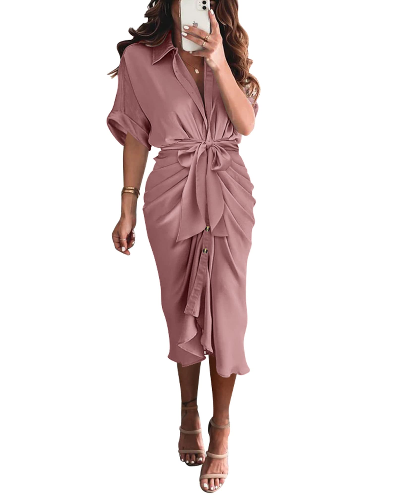 BTFBM Women Button Down Ruched Shirt Dresses Satin Short Sleeve Lapel V Neck Summer Maxi Dress 2025 Party Wedding Guest