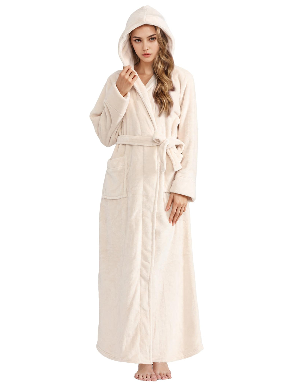 Hellomamma Long Hooded Robe for Women Luxurious Flannel Fleece Full Length Bathrobe Winter Warm Pajamas Shower Nightgown