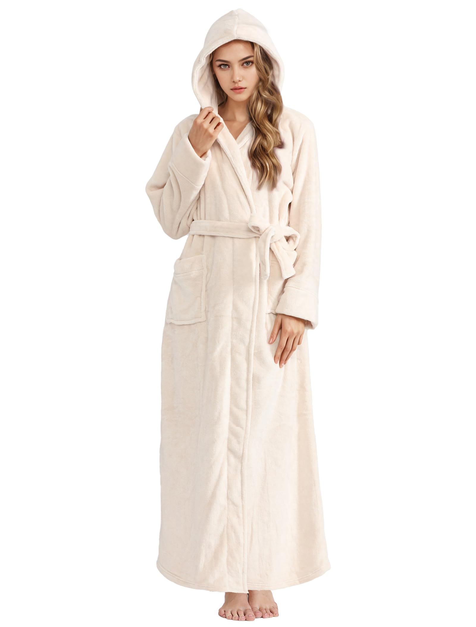 Hellomamma Long Hooded Robe for Women Luxurious Flannel Fleece Full Length Bathrobe Winter Warm Pajamas Shower Nightgown
