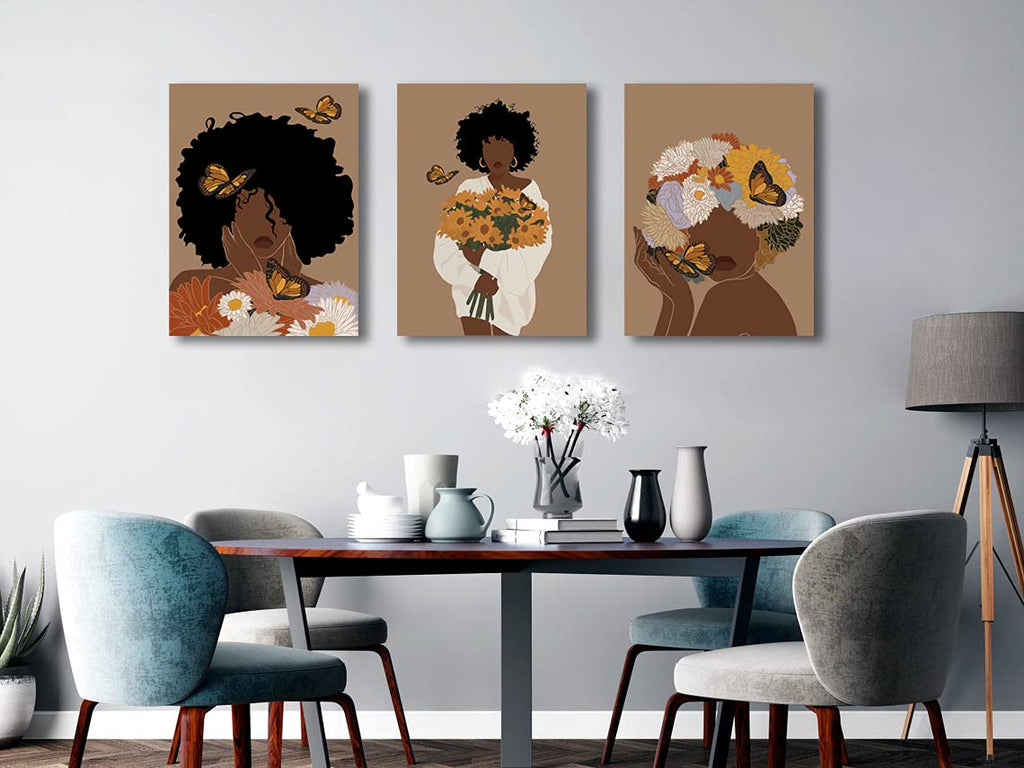 Framed Abstract African American Black Woman Canvas Wall Art, Boho Fashion Flower Art print, Black Women Bedroom Home Decor, Black Girl Poster