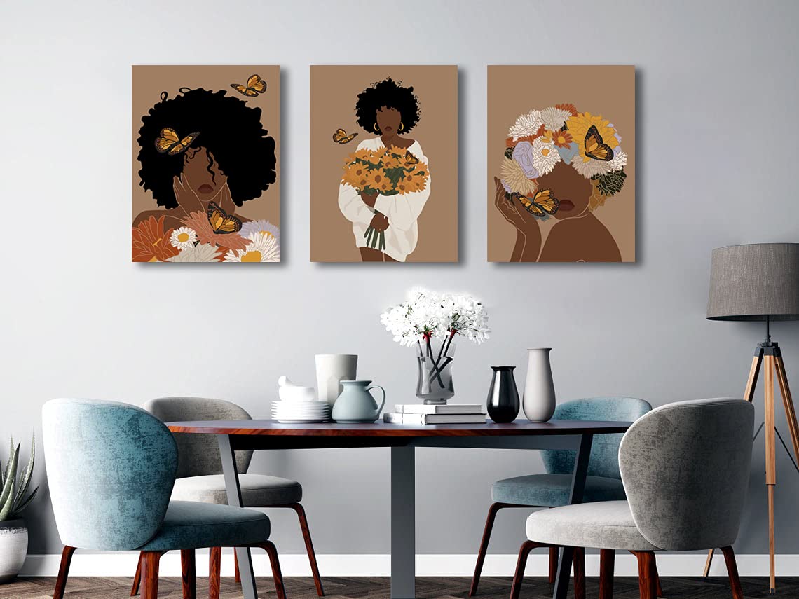 Framed Abstract African American Black Woman Canvas Wall Art, Boho Fashion Flower Art print, Black Women Bedroom Home Decor, Black Girl Poster