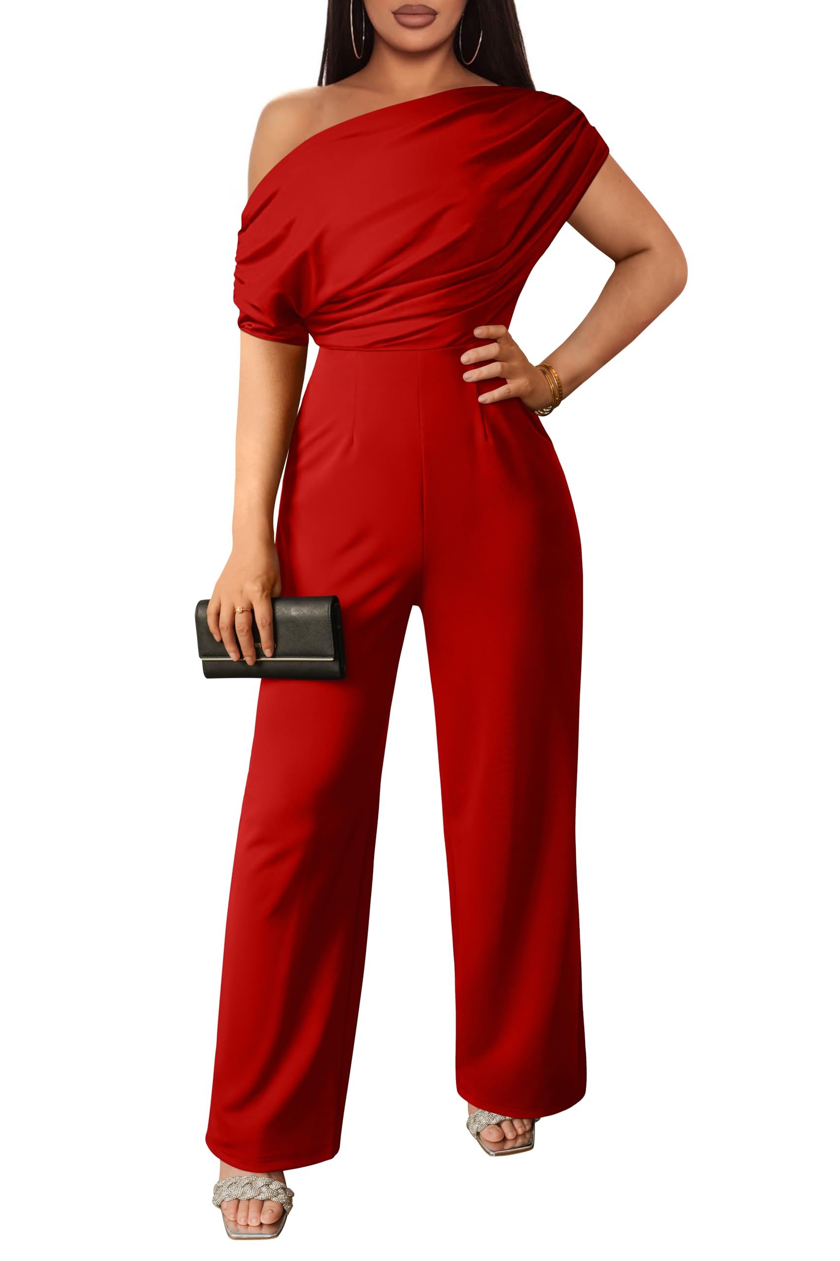 YMDUCH Women's Casual Sleeveless Off Shoulder Wide Leg Long Pant Jumpsuits