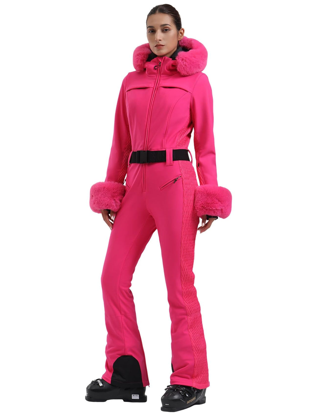 GSOU SNOW Ski Suit Womens One Piece Snowsuit Snowboard Jacket Slim Snow Jumpsuit Faux Fur Ski Outfit Waterproof Windproof