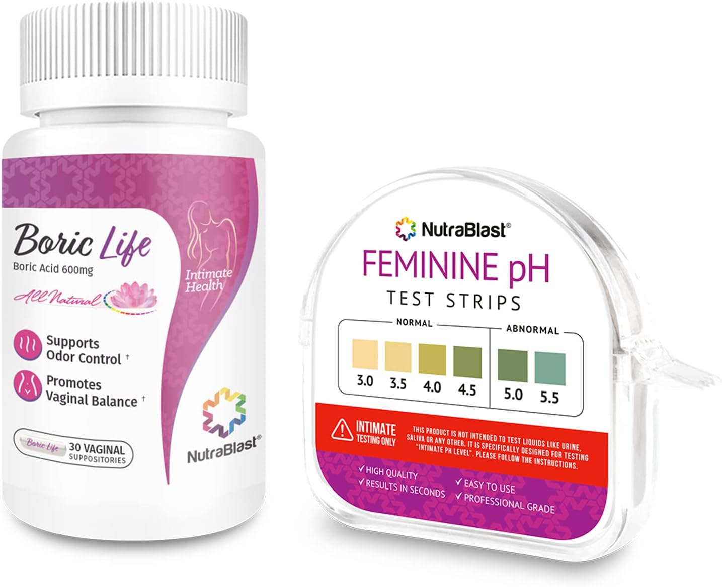 NutraBlast Boric Acid Vaginal Suppositories 600mg (30 Count) Bundle with Feminine pH Test Strips 3.0-5.5 (100 Tests Roll) | Monitor Intimate Health | Accurate Women’s Acidity & Alkalinity