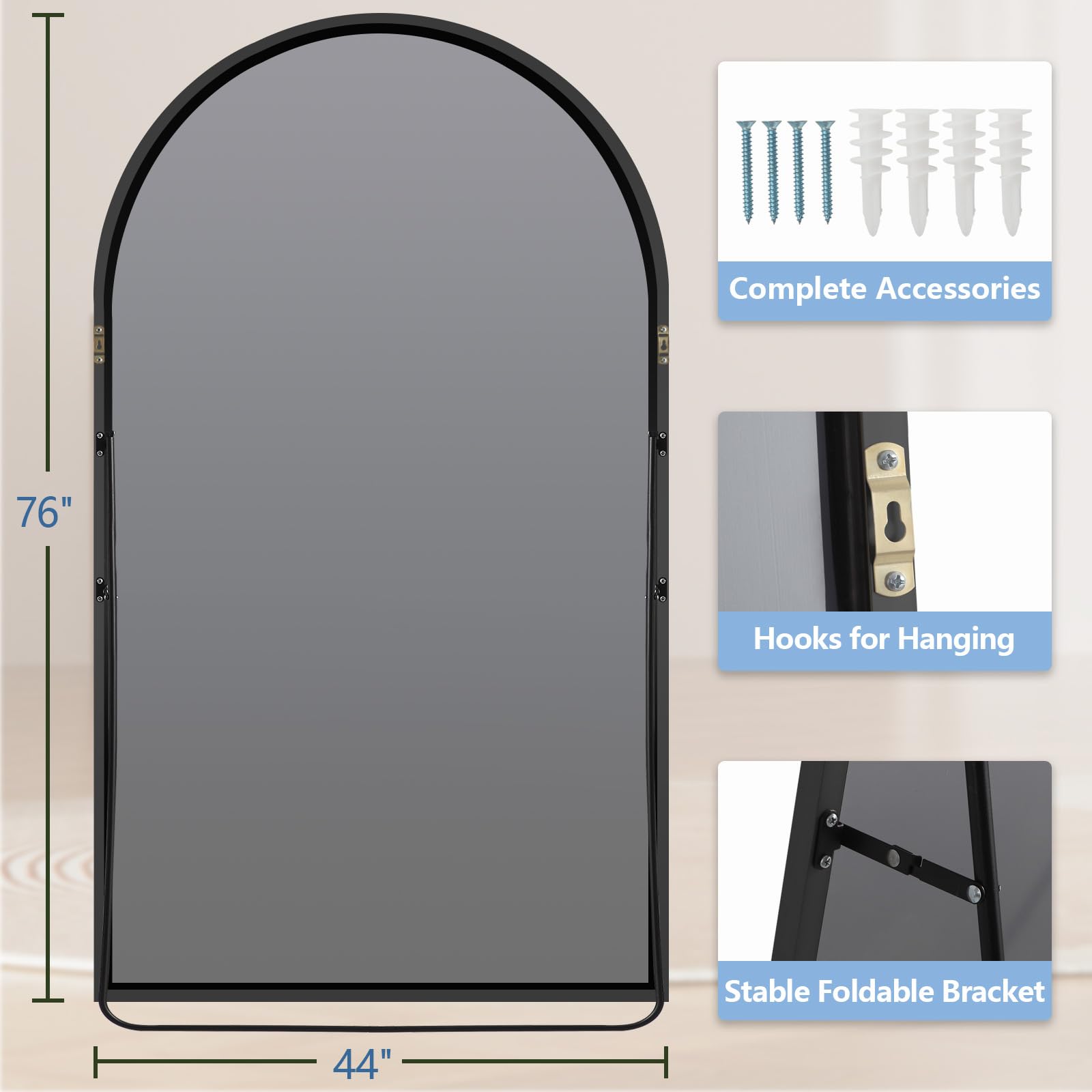 Oversized Floor Mirror Full Length with Stand, 72"X44" Extra Large Arch Standing Mirror Full Length, Tempered Glass Black Full Body Mirror for Bedroom Living Room, Aluminum Alloy Frame