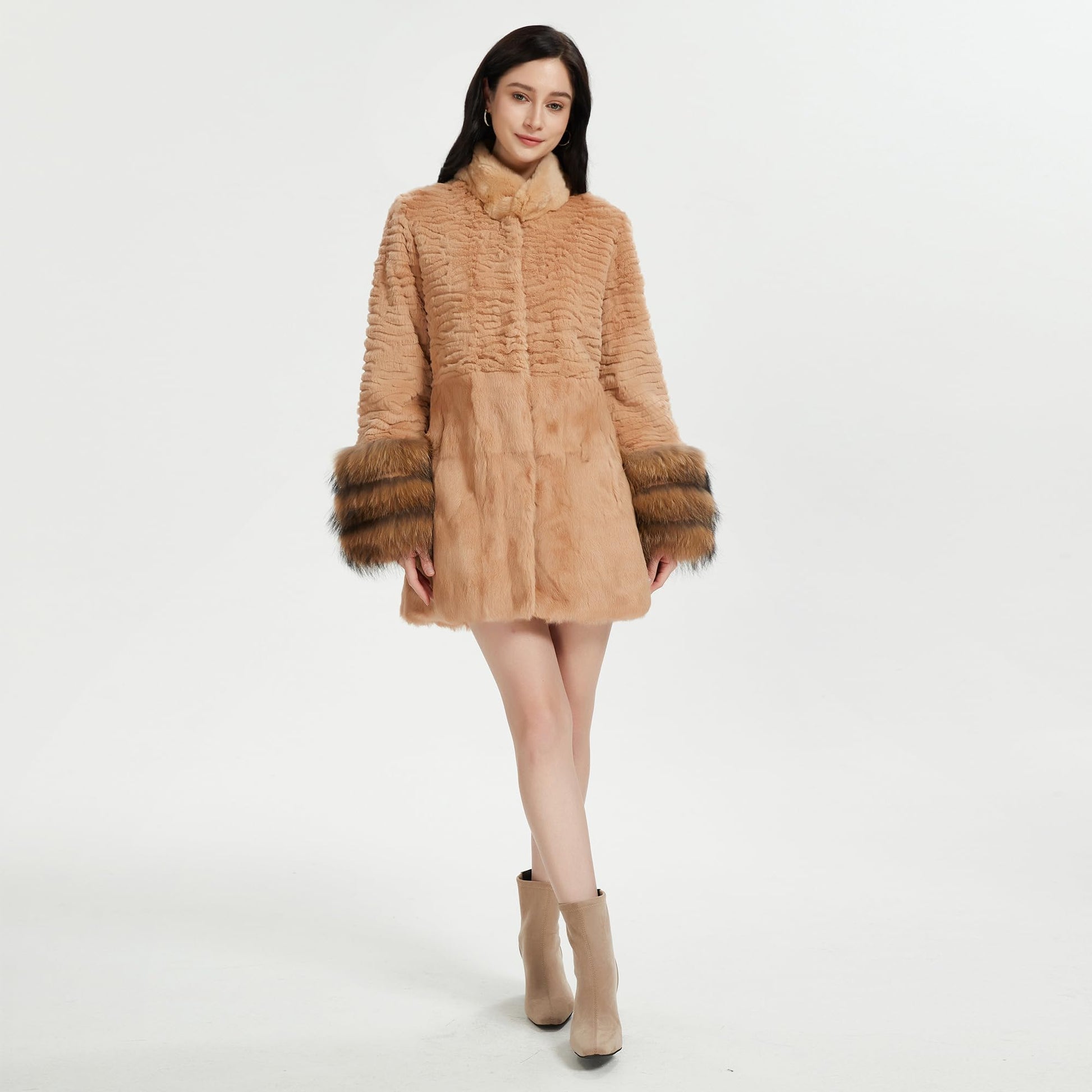 Fur Story Women's Genuine Rabbit Fur Coat With Fox Fur Cuffs Warm Winter Coat Black Long Jacket