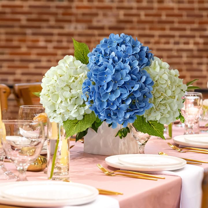 Light Blue Hydrangea Artificial Flowers,4Pcs 20" Real Touch Lifelike Silk Artificial Hydrangeas, Full Fake Flowers for Bouquet Table Centerpieces Spring Wedding Indoor Home