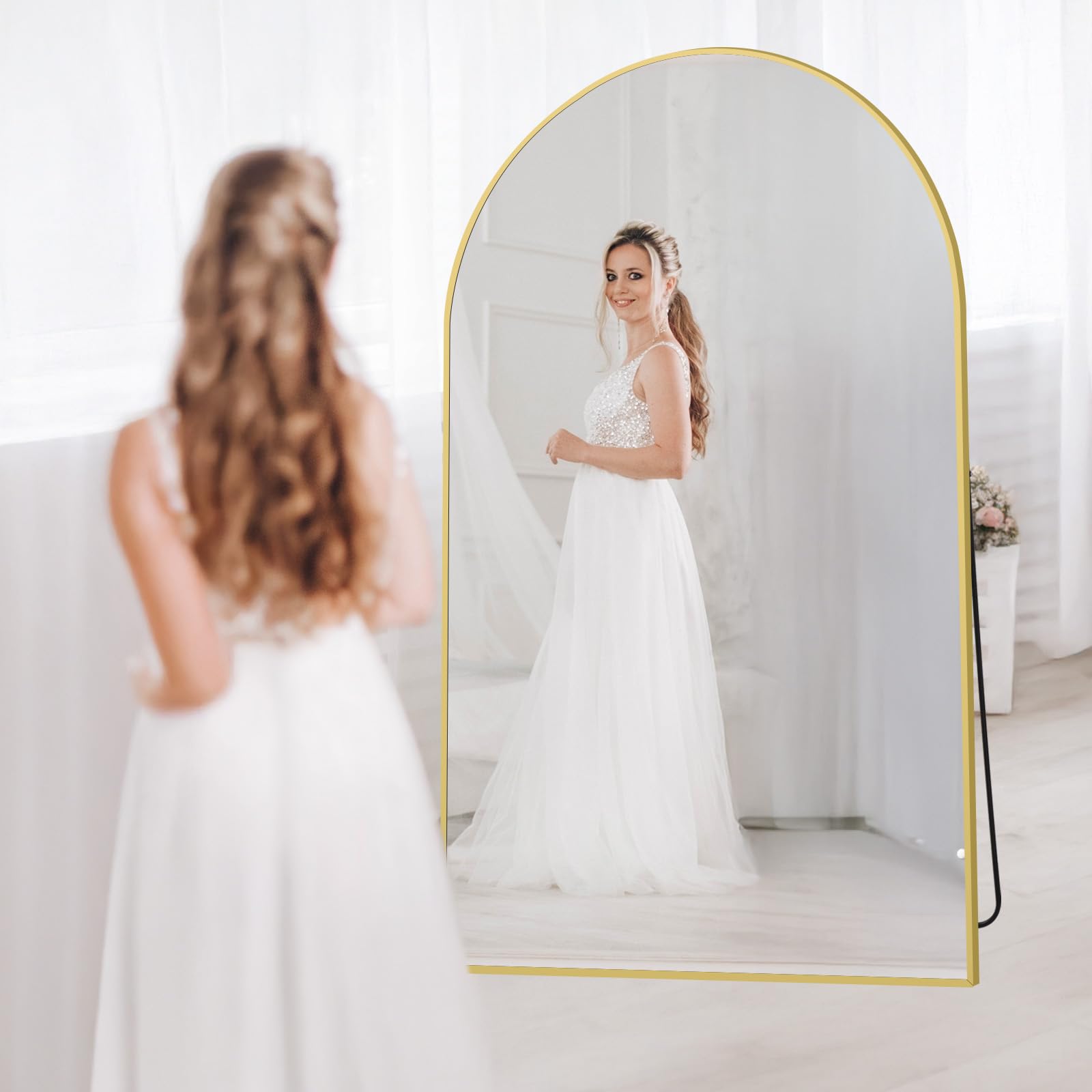 Oversized Floor Mirror Full Length with Stand, 72"X44" Extra Large Arch Standing Mirror Full Length, Tempered Glass Black Full Body Mirror for Bedroom Living Room, Aluminum Alloy Frame