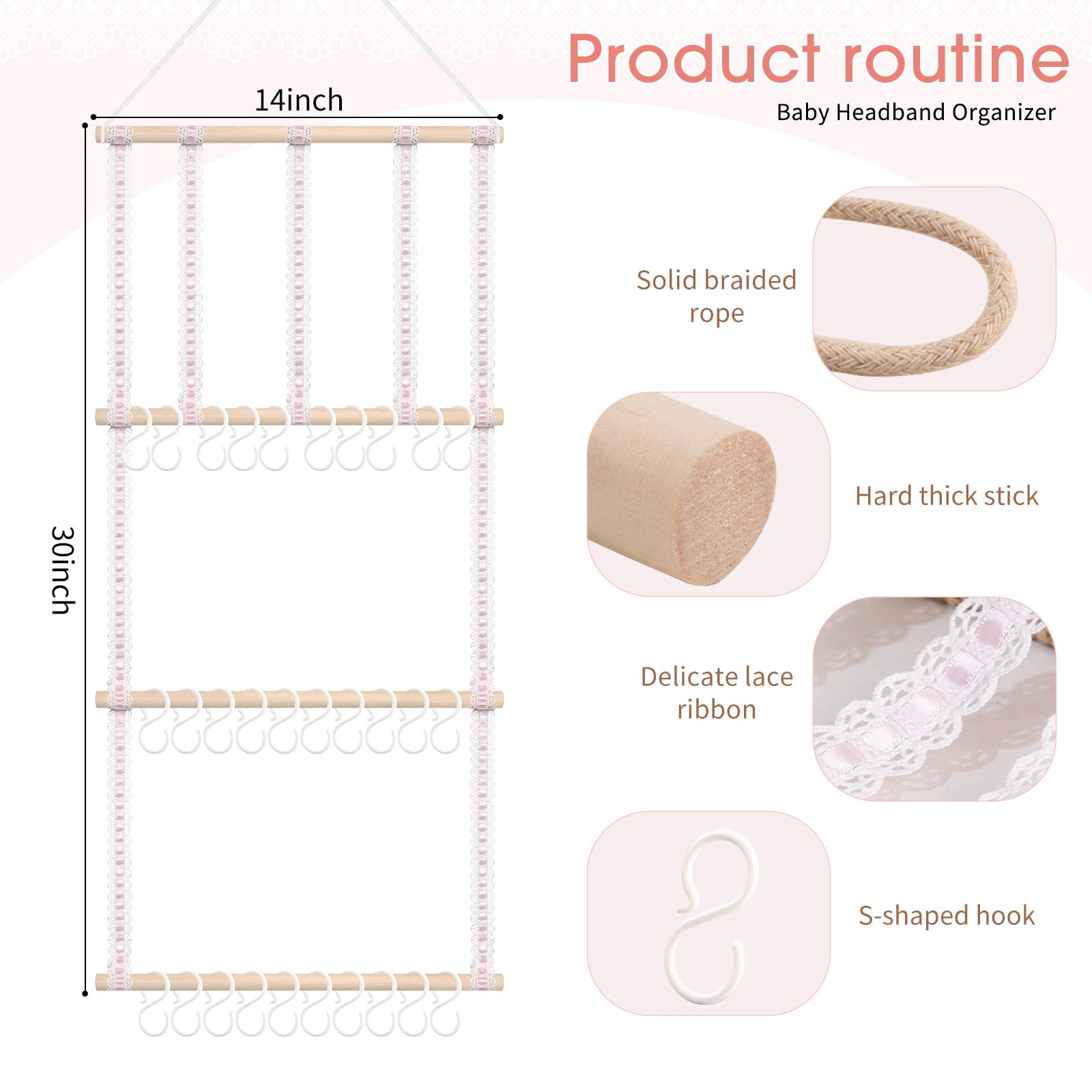 POVETIRE Headband Holder Hair Bows Organizer for Girls, Baby Headbands Hair Accessories Organizer Storage Wall Hanging Decor for Toddler Girls Room