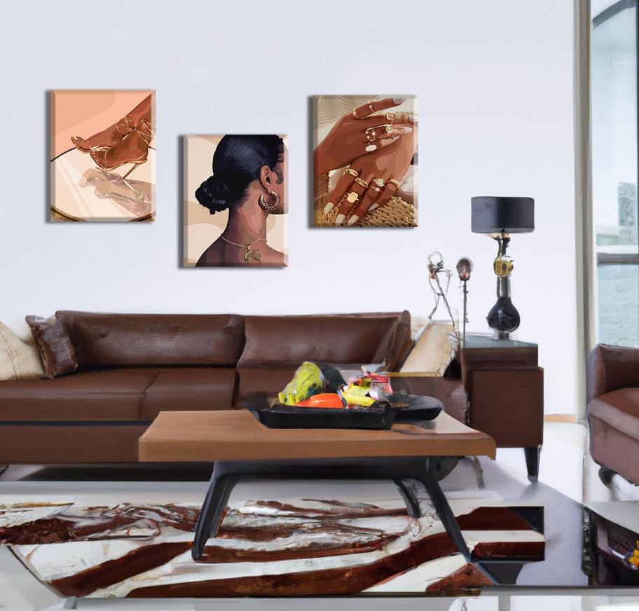 Framed Black Girl Wall Art Set of 3, Black Woman with Floral Pictures Wall Decor Paintings, Fashion African American Female Canvas Prints Home Decor for Living Room Bedroom Office 16x24 inch