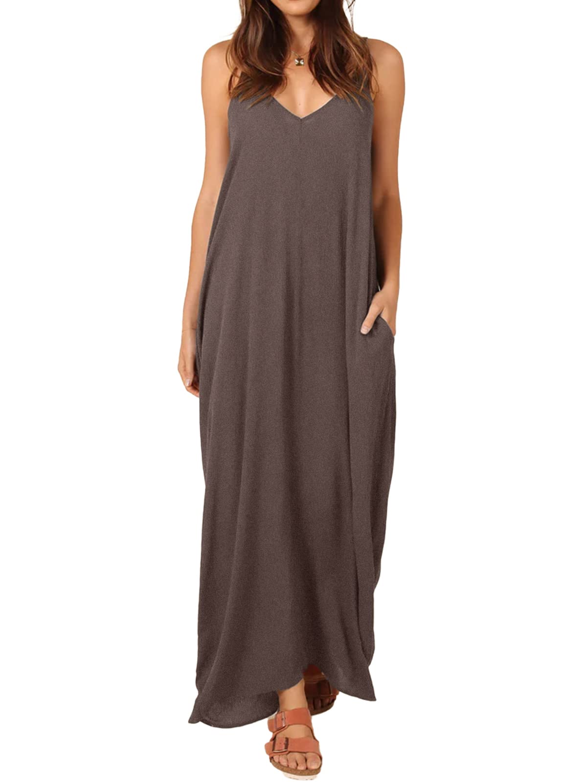 Poetsky Womens Casual Strappy V Neck Sleeveless Flowy Pockets Loose Long Maxi Beach Dress Sundress