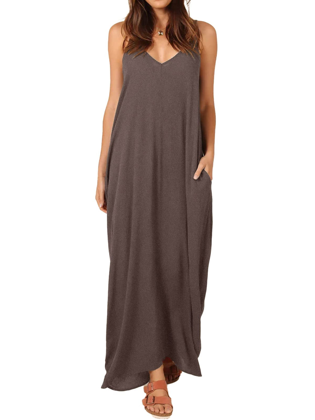 Poetsky Womens Casual Strappy V Neck Sleeveless Flowy Pockets Loose Long Maxi Beach Dress Sundress