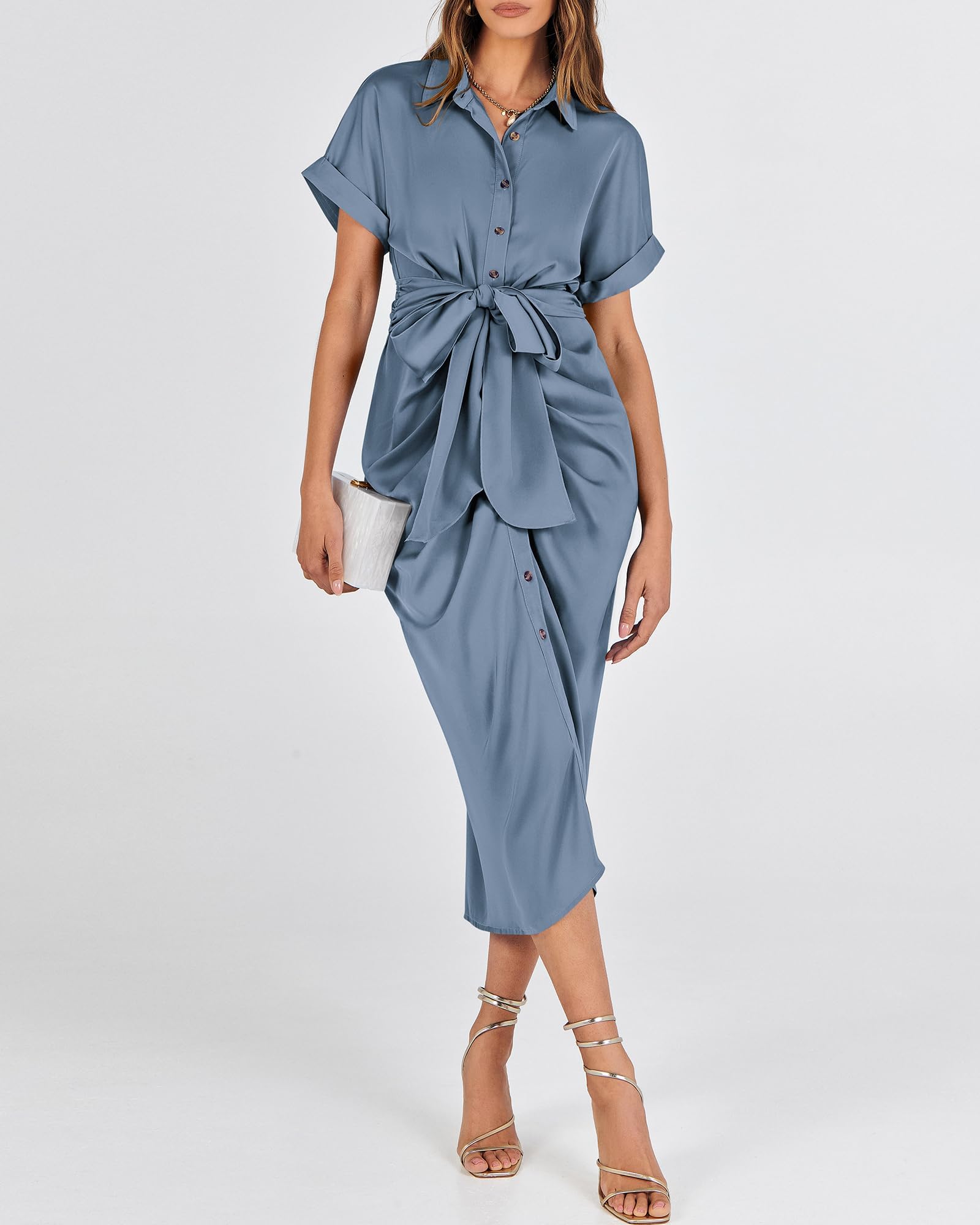 BTFBM Women Button Down Ruched Shirt Dresses Satin Short Sleeve Lapel V Neck Summer Maxi Dress 2025 Party Wedding Guest