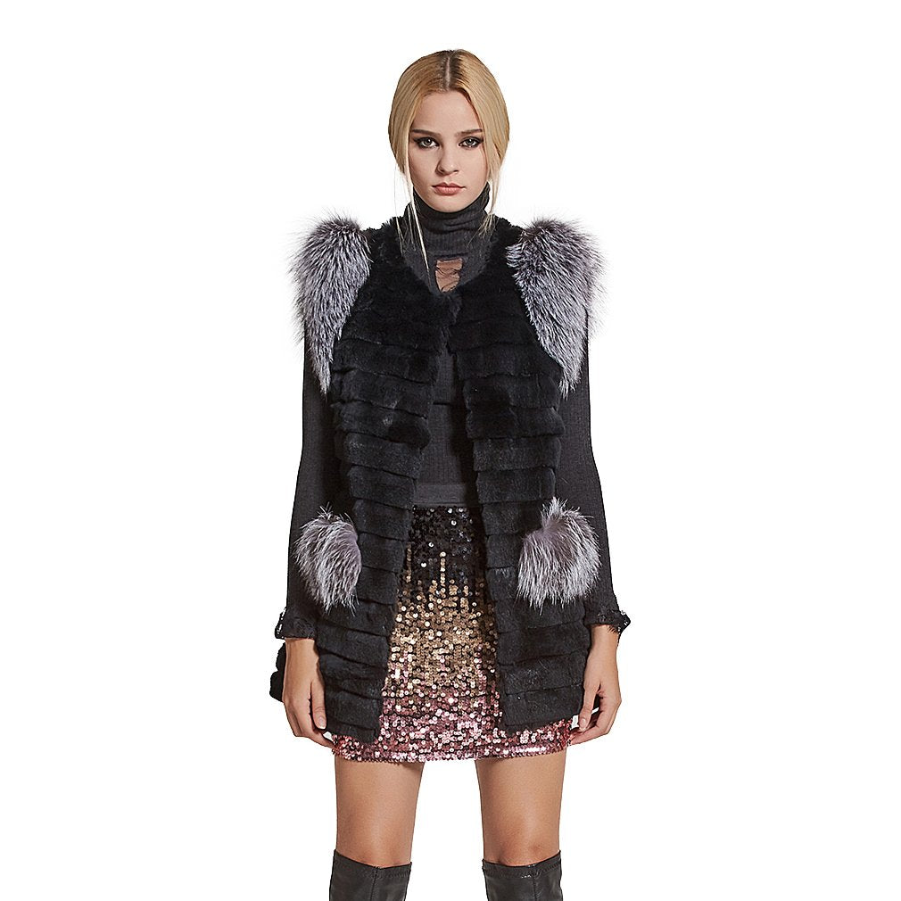 Fur Story Women's Genuine Rabbit Fur Coat With Fox Fur Cuffs Warm Winter Coat Black Long Jacket