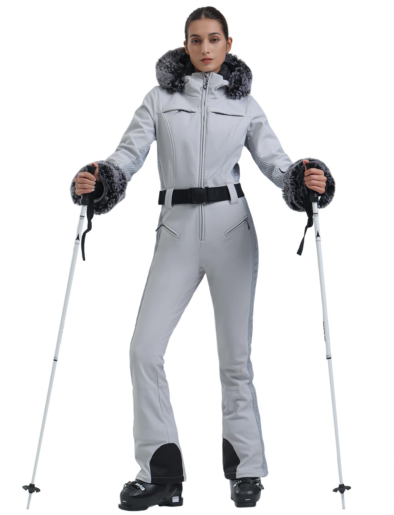 GSOU SNOW Ski Suit Womens One Piece Snowsuit Snowboard Jacket Slim Snow Jumpsuit Faux Fur Ski Outfit Waterproof Windproof