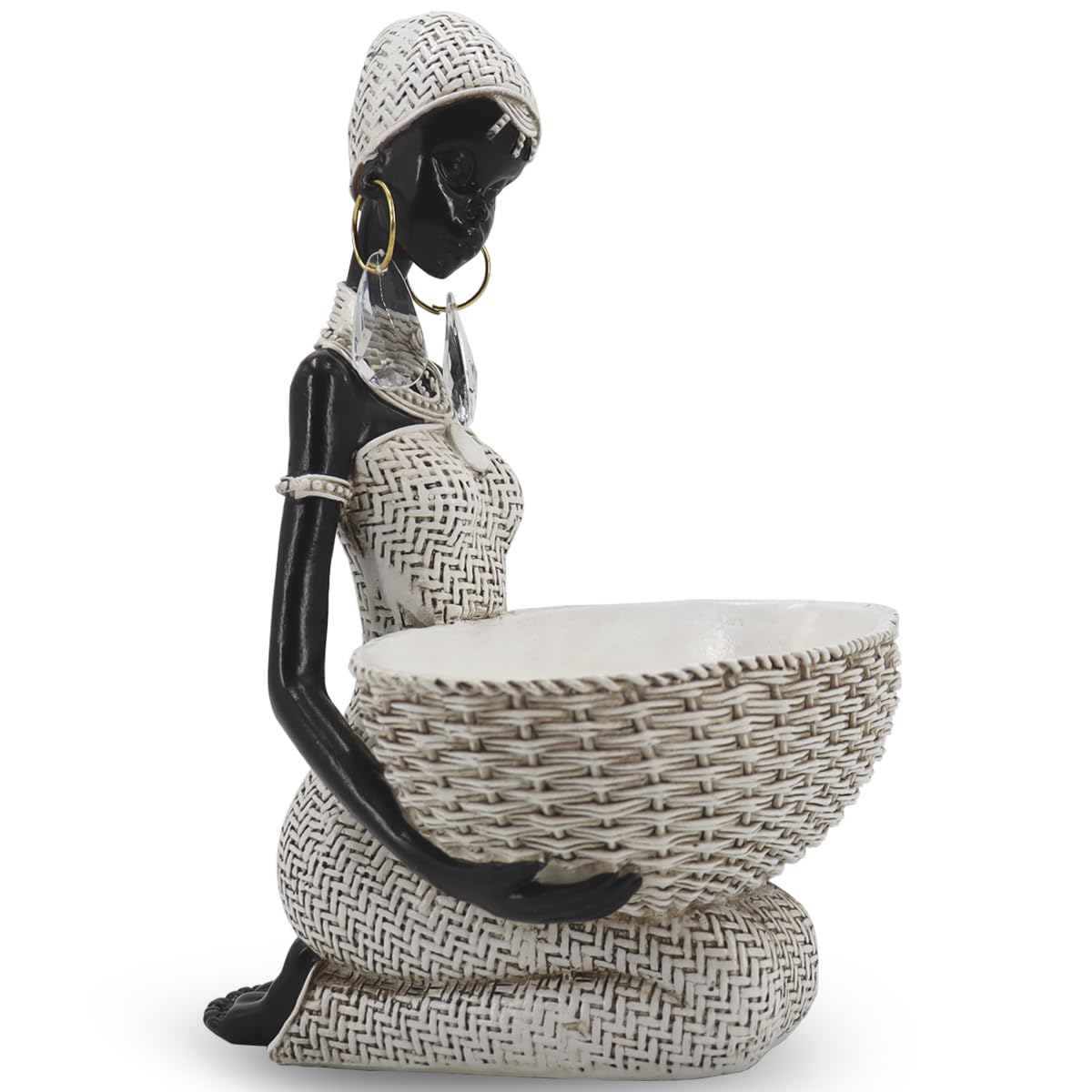 Handmade African Tribal Woman Sculpture - Gold Adorned Seated Figure with Basket, Vintage Resin Statue for Home Decor, Unique Housewarming Gift for Shelf/Table (9.65" H)