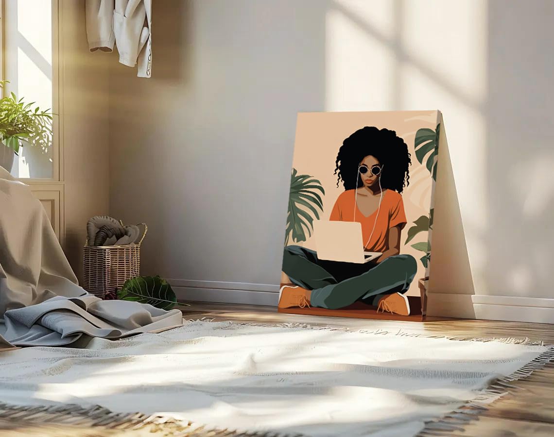 Framed Black Girl Wall Art Set of 3, Black Woman with Floral Pictures Wall Decor Paintings, Fashion African American Female Canvas Prints Home Decor for Living Room Bedroom Office 16x24 inch