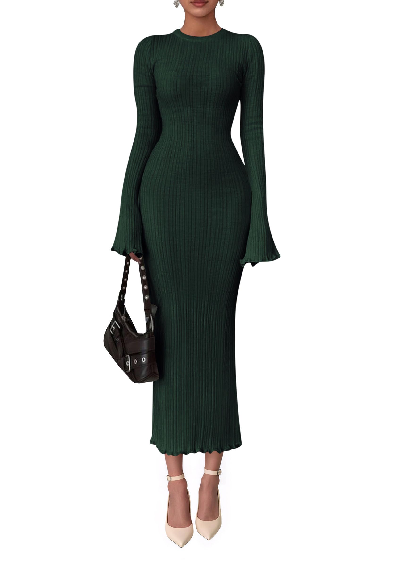 PRETTYGARDEN Sweater Dresses for Women 2025 Fall Bell Long Sleeve Crew Neck Bodycon Maxi Dress Winter Ribbed Knit Outfits