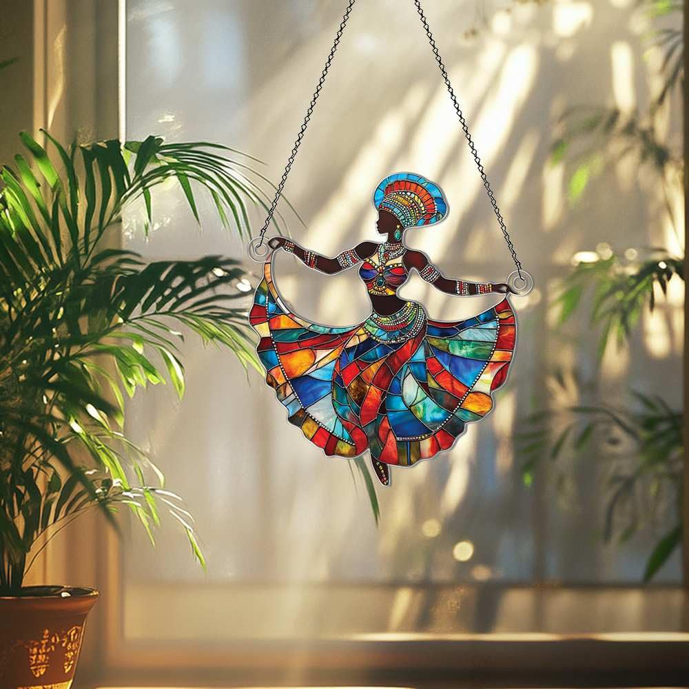 African Woman Ornaments Decor for Christmas Tree - African Woman Gifts for Women Men - Black Girl Dancing Home Kitchen Room Christmas Decorations - 2D Flat Acrylic Ornament Window Hanging