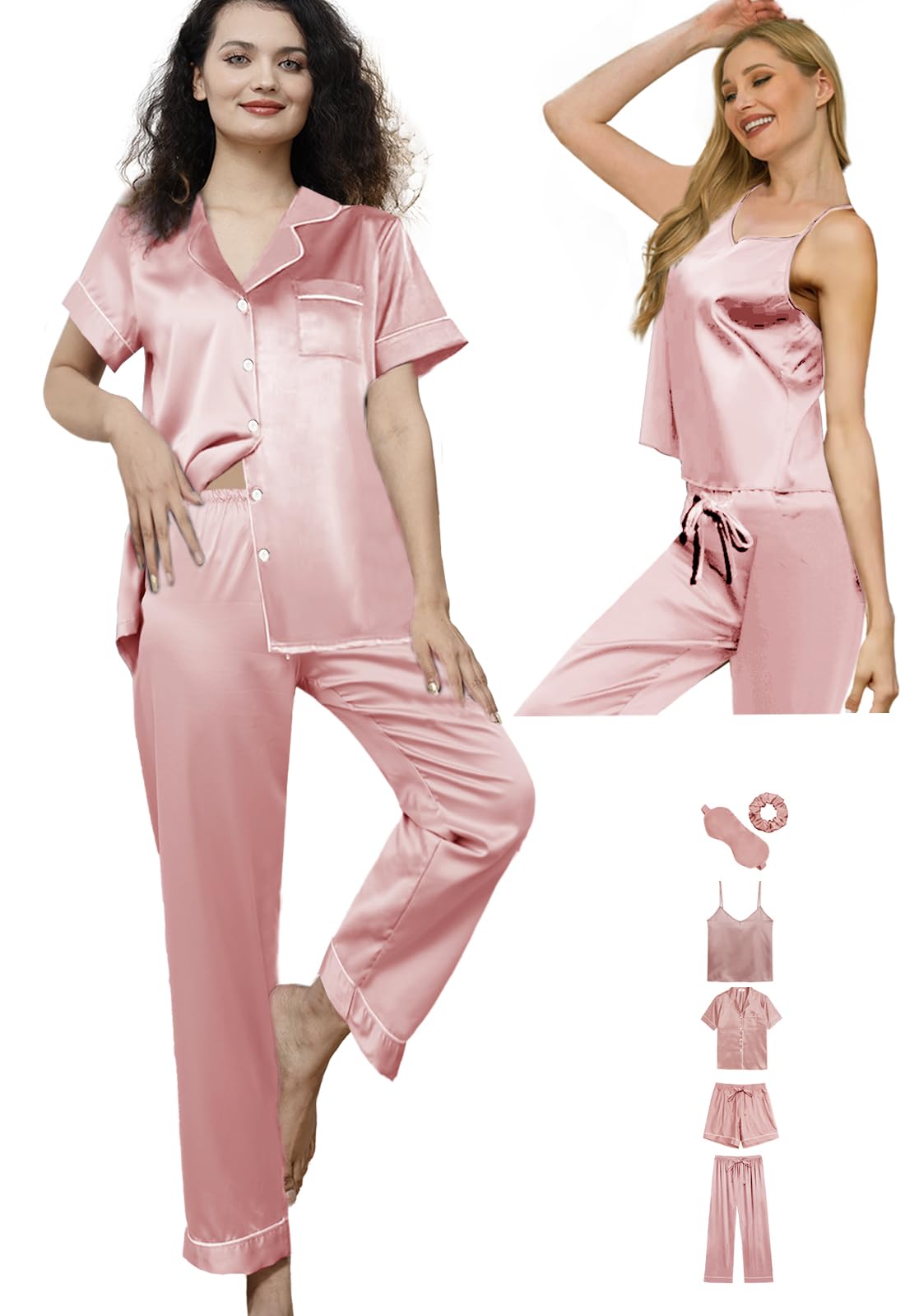 6Pcs Womens Silk Satin Pajama Sets Pj Sets Short Pjs Set Pajamas Sleepwear Camisole Sexy Cami