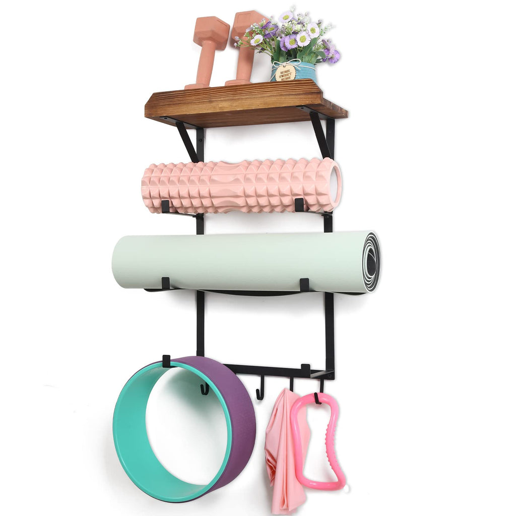 Yoga Mat Holder Wall Mount,17" x 28" Yoga Mat Rack Home Gym Accessories, Storage for Foam Roller, with Wood Floating Shelves and 5 Hooks for Hanging Yoga Strap and Resistance Bands