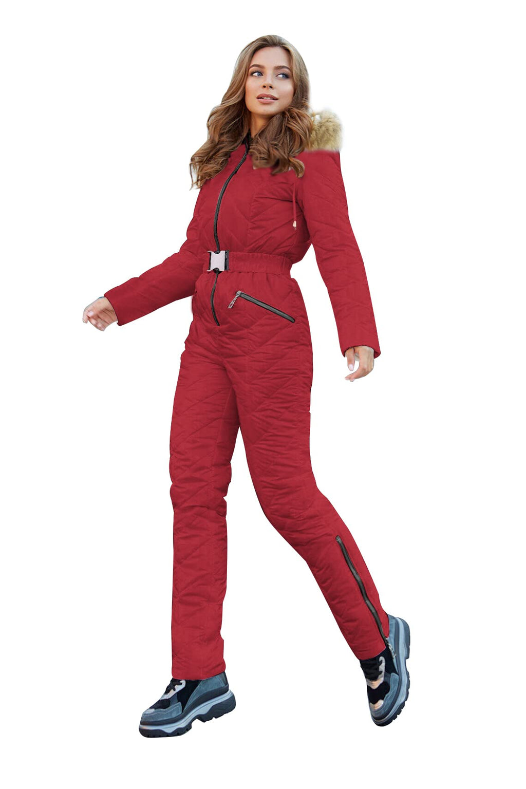 Yousify Womens Winter Ski Suit One Piece Hooded Fur Collar Ski Jumpsuit Snowsuit Outdoor Sports Coat